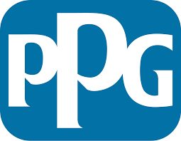 Logo PPG alb pe fundal albastru închis
